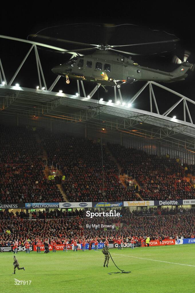 18 November 2008; The official match ball is delivered by helicopter before the match. Zurich Challenge Match, Munster v New Zealand, Thomond Park, Limerick. Picture credit: Matt Browne / SPORTSFILE