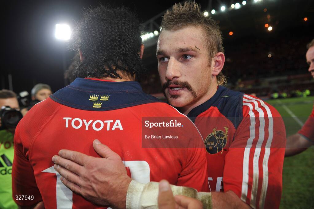 18 November 2008; Munster's Jeremy Manning with team-mate Lfeimi Mafi after the match. Zurich Challenge Match, Munster v New Zealand, Thomond Park, Limerick. Picture credit: Brian Lawless / SPORTSFILE
