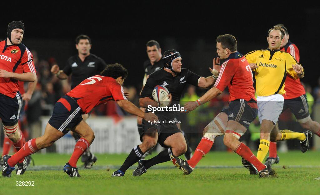 18 November 2008; Scott Waldrom, New Zealand, in action against Doug Howlett, left, and Niall Ronan, Munster. Zurich Challenge Match, Munster v New Zealand, Thomond Park, Limerick. Picture credit: Brian Lawless / SPORTSFILE