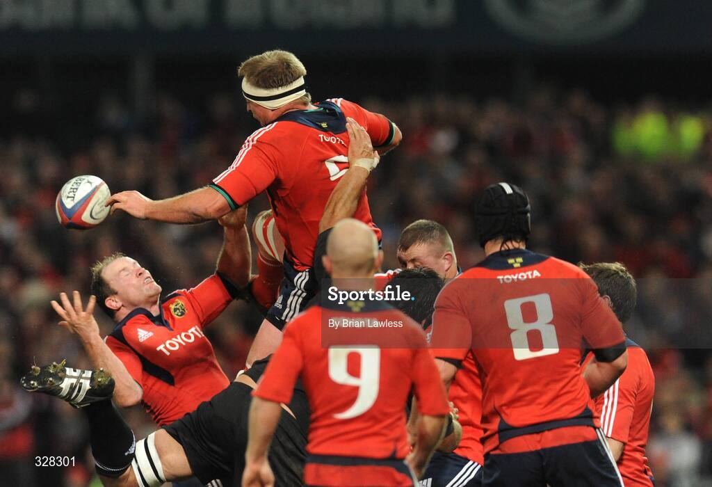 18 November 2008; Munster's Mick O'Driscoll and Frank Sheahan, left, in action against New Zealand. Zurich Challenge Match, Munster v New Zealand, Thomond Park, Limerick. Picture credit: Brian Lawless / SPORTSFILE