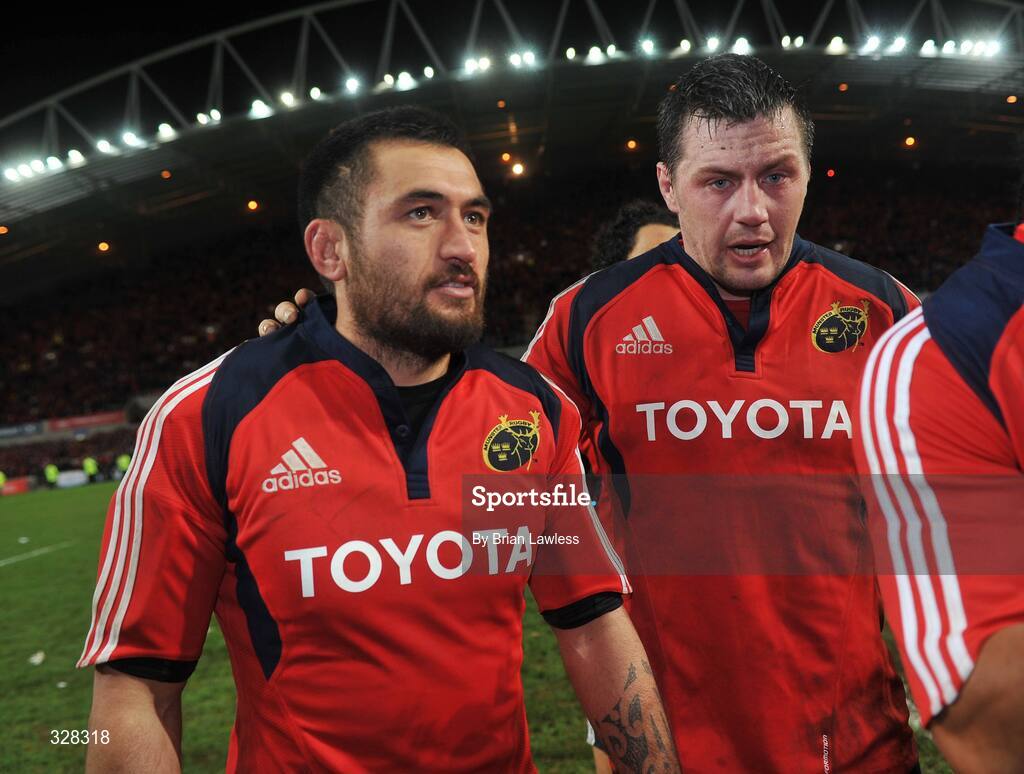18 November 2008; Munster's Rua Tipoki, left, and James Coughlan, after the match. Zurich Challenge Match, Munster v New Zealand, Thomond Park, Limerick. Picture credit: Brian Lawless / SPORTSFILE