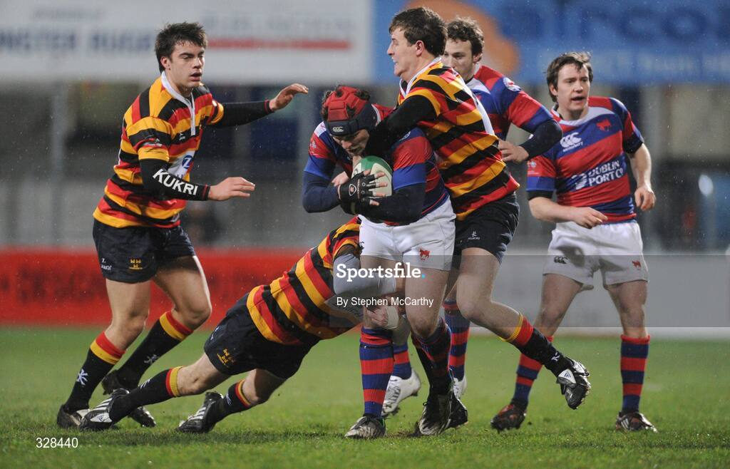 21 November 2008; Breiffne O'Donnell, Clontarf, is tackled by Shane Gahan, right, and David Hewitt, Lansdowne. Leinster Senior League Cup Final, Clontarf v Lansdowne, Donnybrook Stadium, Dublin. Picture credit: Stephen McCarthy / SPORTSFILE