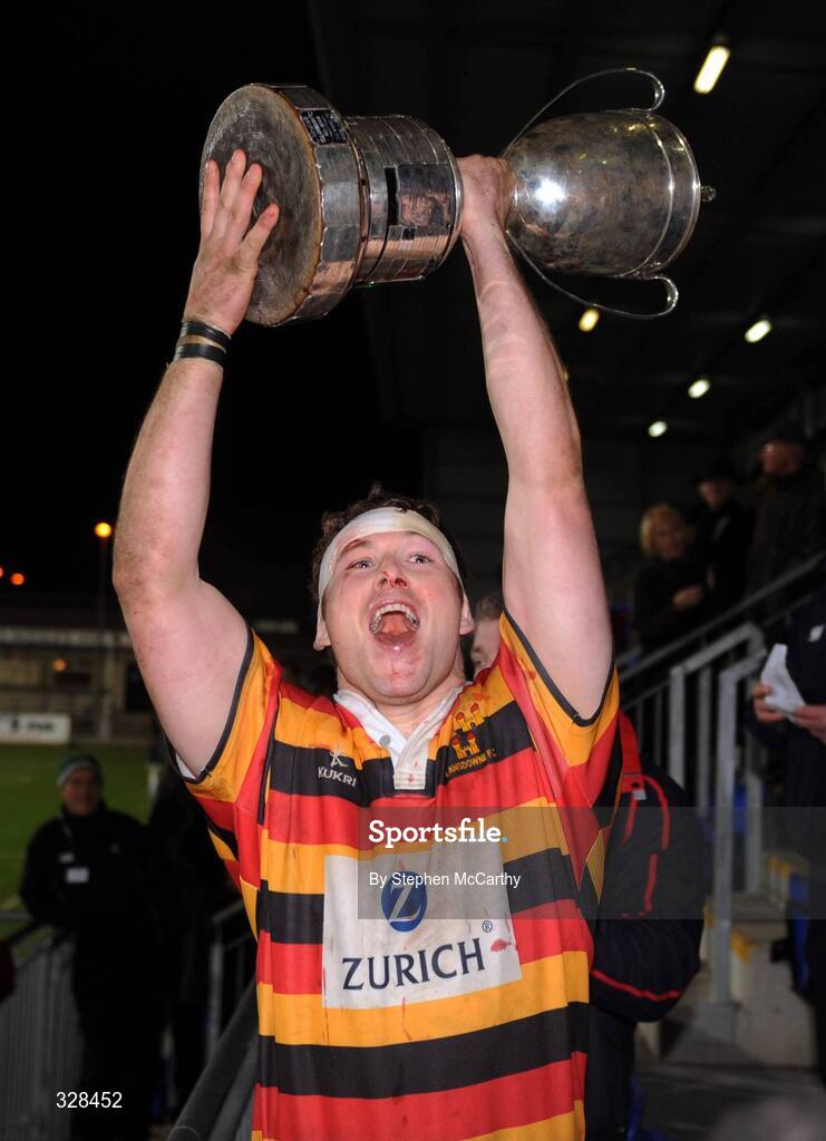 21 November 2008; Lansdowne captain Alan Maher lifts the cup after his side's victory. Leinster Senior League Cup Final, Clontarf v Lansdowne, Donnybrook Stadium, Dublin. Picture credit: Stephen McCarthy / SPORTSFILE