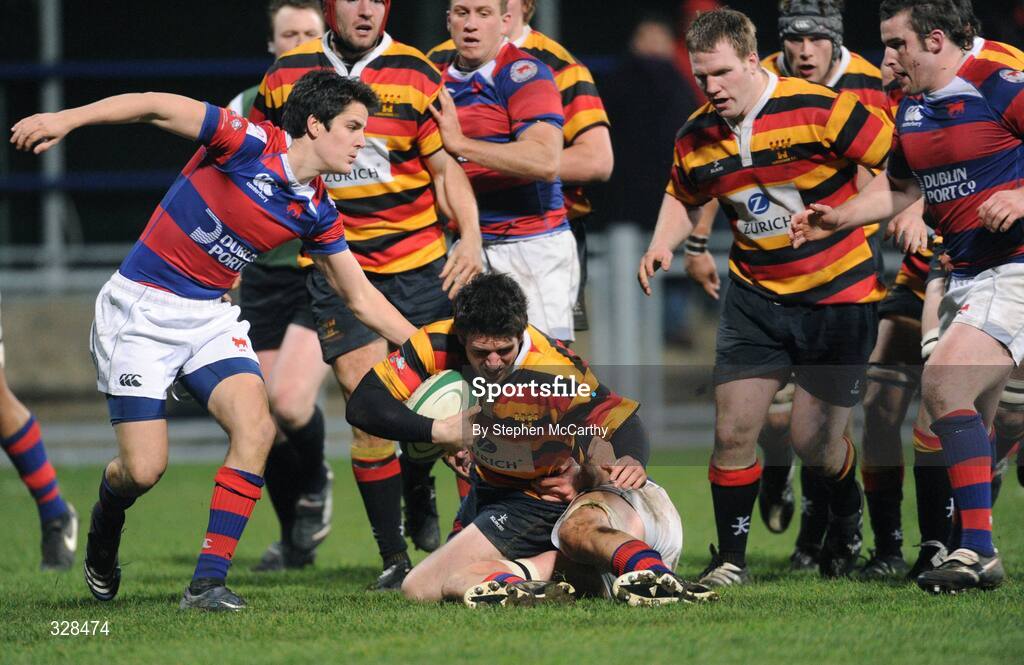 21 November 2008; Ross McCarron, Lansdowne, is tackled by Ben Reilly, Clontarf. Leinster Senior League Cup Final, Clontarf v Lansdowne, Donnybrook Stadium, Dublin. Picture credit: Stephen McCarthy / SPORTSFILE