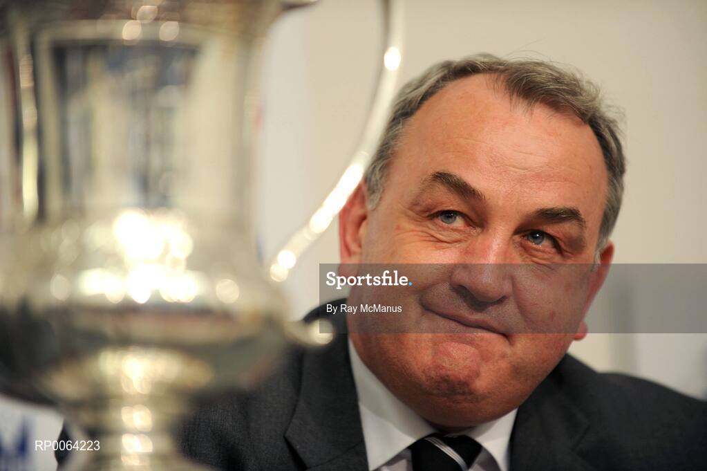 31 October 2008; The Cormack McAnallen cup sits on a table as GAA Pressident Nickey brennan listens to questions at the after match press conference. Toyota International Rules Series, Australia v Ireland, Melbourne Cricket Ground, Melbourne, Australia. Picture credit: Ray McManus / SPORTSFILE