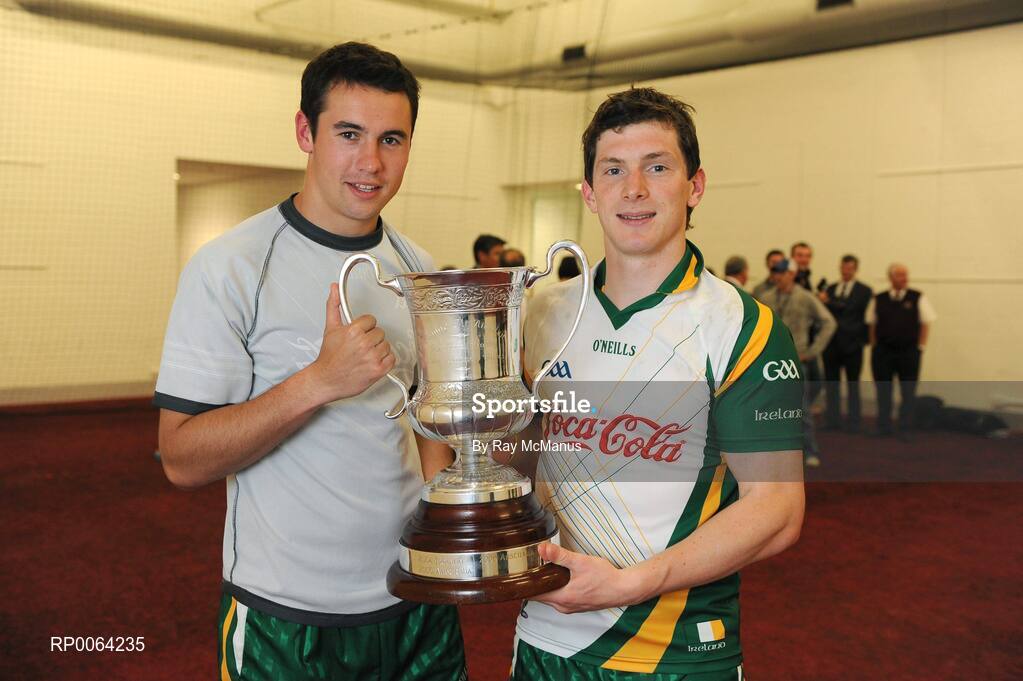 31 October 2008; Ireland and Galway players Finian Hanley, left, and Michael Meehan with the Cormac McAnallen cup after their side's victory over Australia. Toyota International Rules Series, Australia v Ireland, Melbourne Cricket Ground, Melbourne, Australia. Picture credit: Ray McManus / SPORTSFILE