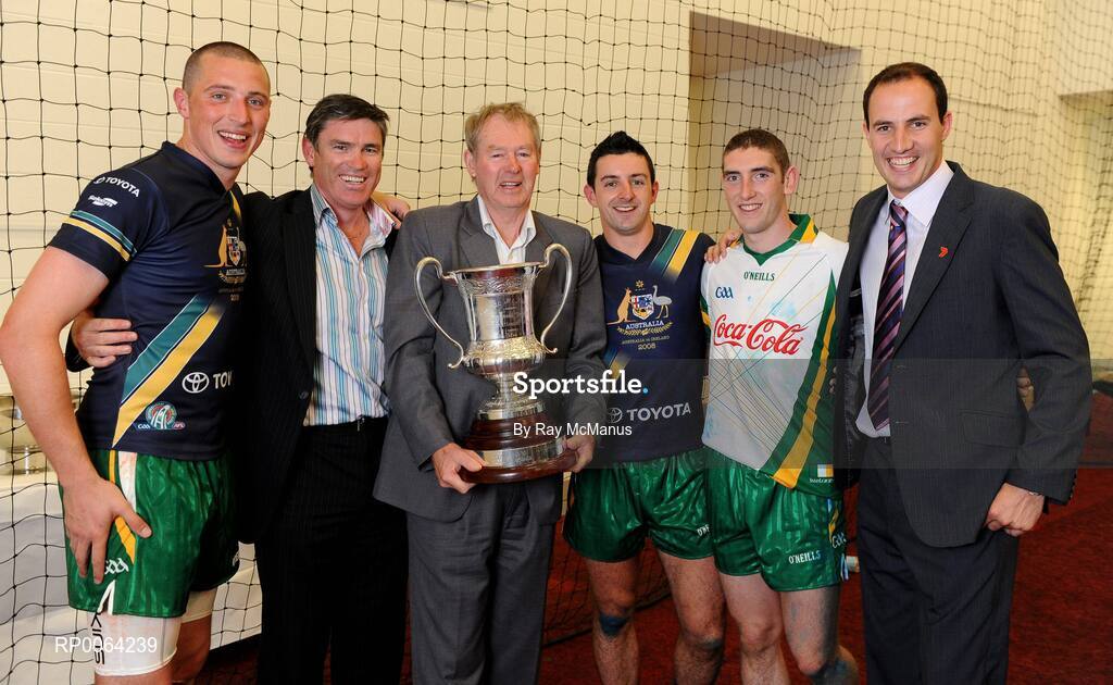 31 October 2008; Kerry members of the travelling party, from left, Kieran Donaghy, Sean White, Micheal O Muircheartaigh, Aidan O'Mahony, Killian Young and Tadgh Kennelly with the Cormac McAnallen cup after their side's victory over Australia. Toyota International Rules Series, Australia v Ireland, Melbourne Cricket Ground, Melbourne, Australia. Picture credit: Ray McManus / SPORTSFILE