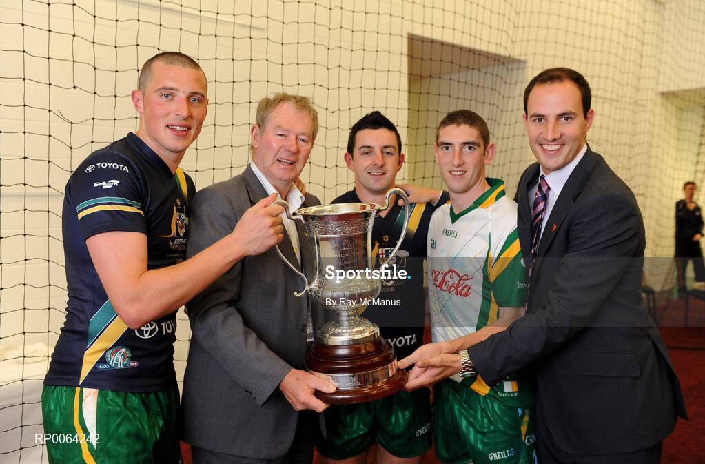 31 October 2008; Kerry members of the travelling party, from left, Kieran Donaghy, Micheal O Muircheartaigh, Aidan O'Mahony, Killian Young and Tadgh Kennelly with the Cormac McAnallen Cup after their side's victory over Australia. Toyota International Rules Series, Australia v Ireland, Melbourne Cricket Ground, Melbourne, Australia. Picture credit: Ray McManus / SPORTSFILE
