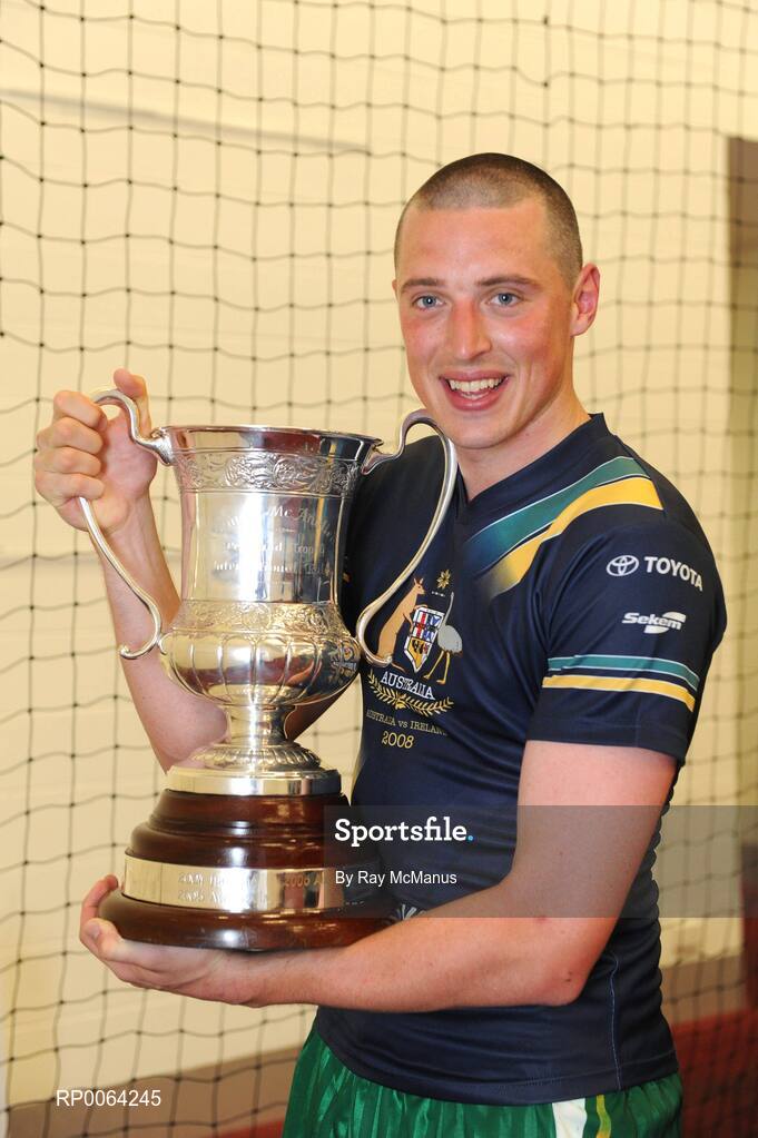 31 October 2008; Ireland's Kieran Donaghy, Kerry, with the Cormac McAnallen Cup after victory over Australia. Toyota International Rules Series, Australia v Ireland, Melbourne Cricket Ground, Melbourne, Australia. Picture credit: Ray McManus / SPORTSFILE
