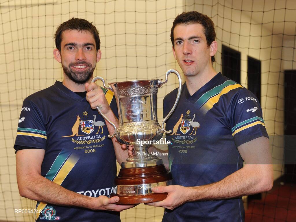 31 October 2008; Ireland and Tyrone players Joe and Justin McMahon with the Cormac McAnallen Cup after victory over Australia. Toyota International Rules Series, Australia v Ireland, Melbourne Cricket Ground, Melbourne, Australia. Picture credit: Ray McManus / SPORTSFILE