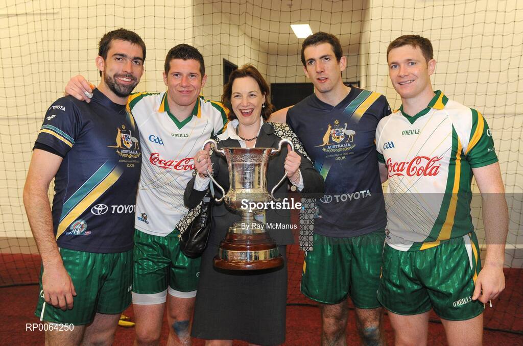 31 October 2008; Ireland and Tyrone players Sean Cavanagh, Joe and Justin McMahon, Enda McGinley and Lisa Clancy, Director of Communications, GAA, with the Cormac McAnallen Cup. Toyota International Rules Series, Australia v Ireland, Melbourne Cricket Ground, Melbourne, Australia. Picture credit: Ray McManus / SPORTSFILE