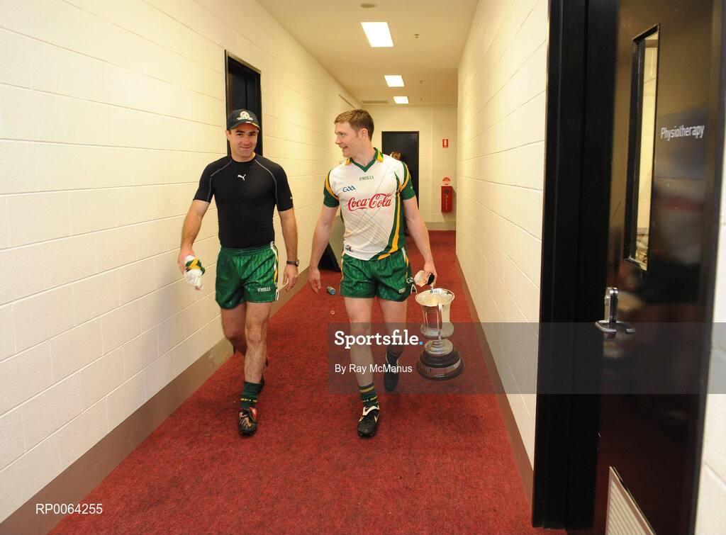 31 October 2008; Irish 'runner' Sean Marty Lockhard and Enda McGinley bring the Cormac McAnallen Cup back to the dressing room after victory over Australia. Toyota International Rules Series, Australia v Ireland, Melbourne Cricket Ground, Melbourne, Australia. Picture credit: Ray McManus / SPORTSFILE