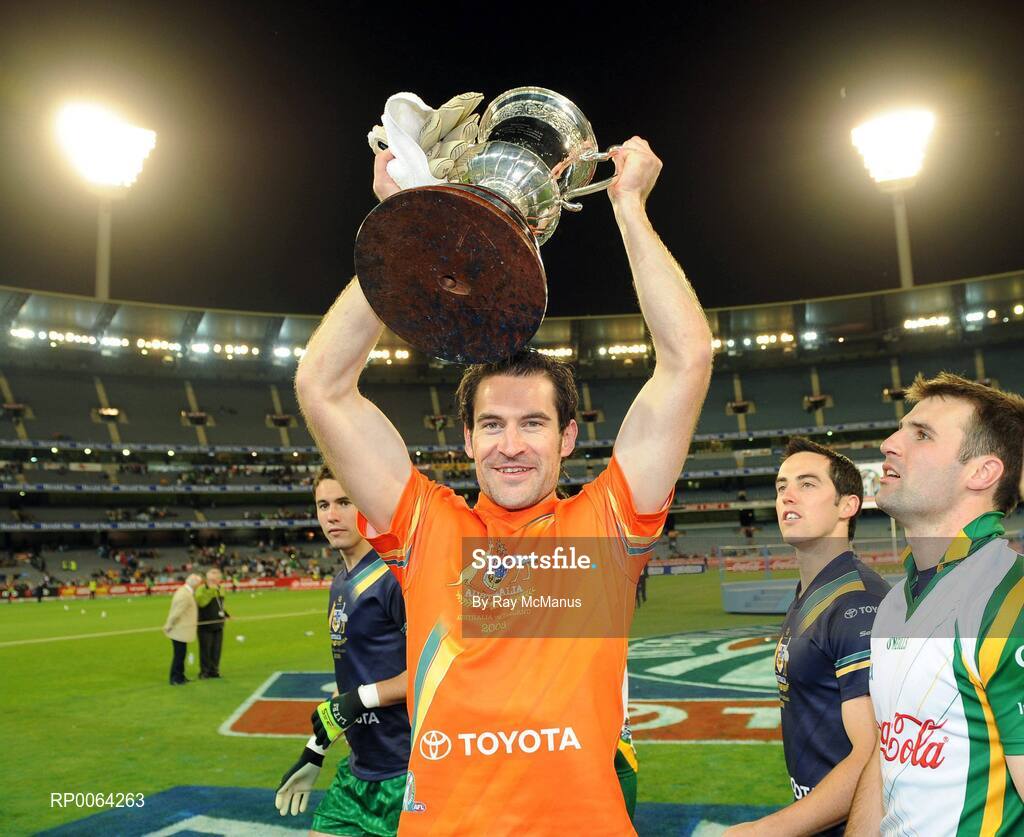 31 October 2008; Ireland goalkeeper David Gallagher, Meath, with the Cormac McAnallen Cup after victory over Australia. Toyota International Rules Series, Australia v Ireland, Melbourne Cricket Ground, Melbourne, Australia. Picture credit: Ray McManus / SPORTSFILE