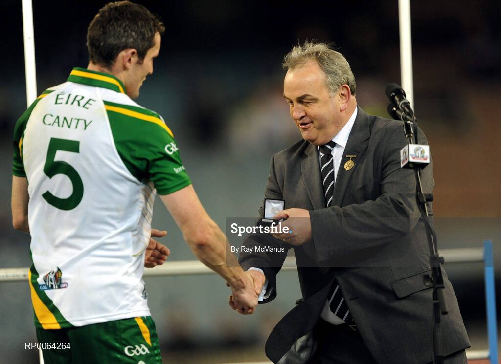 31 October 2008; GAA President Nickey Brennan presents Ireland's Graham Canty with the Player of the Tournament award. Toyota International Rules Series, Australia v Ireland, Melbourne Cricket Ground, Melbourne, Australia. Picture credit: Ray McManus / SPORTSFILE
