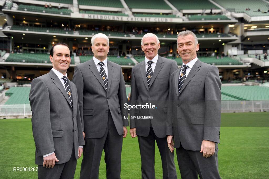 31 October 2008; Ireland match officials, from left, David Coldrick, linesman, John Bannon and Gerry Kinneavey, goal umpires, and refeee Pat McEnaney ahead of the game. Toyota International Rules Series, Australia v Ireland, Melbourne Cricket Ground, Melbourne, Australia. Picture credit: Ray McManus / SPORTSFILE