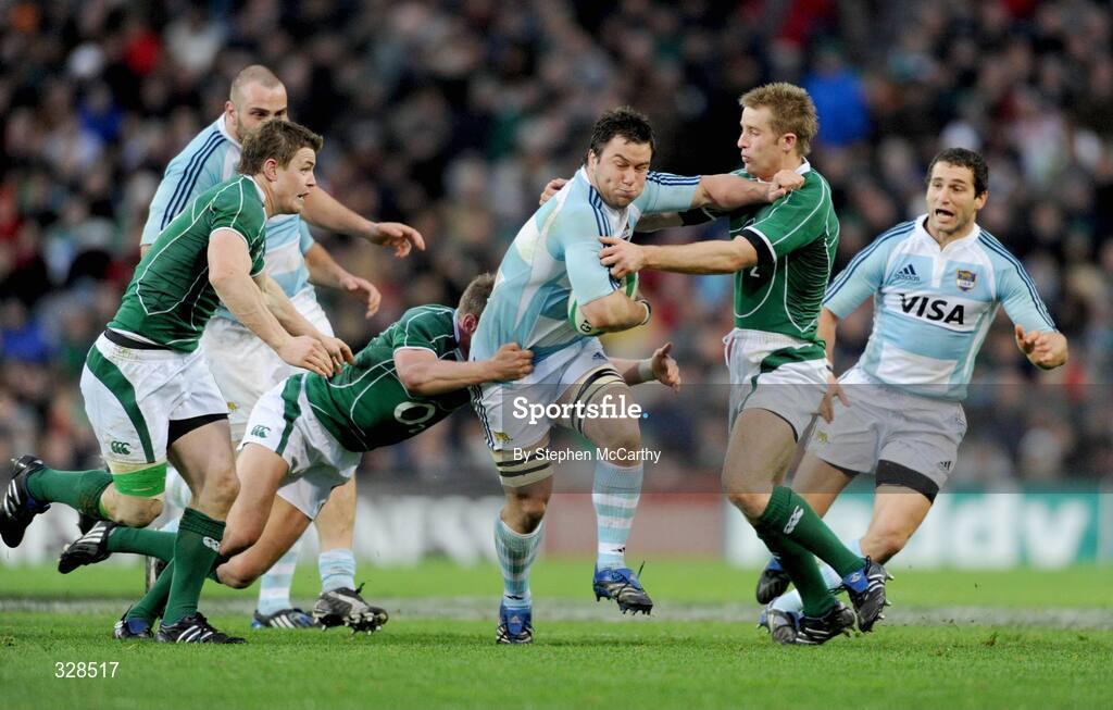 22 November 2008; Martin Durand, Argentina, is tackled by Jamie Heaslip, left, and Luke Fitzgerald, Ireland, and supported by captain Brian O'Driscoll. Guinness Autumn Internationals, Ireland v Argentina, Croke Park, Dublin. Picture credit: Stephen McCarthy / SPORTSFILE