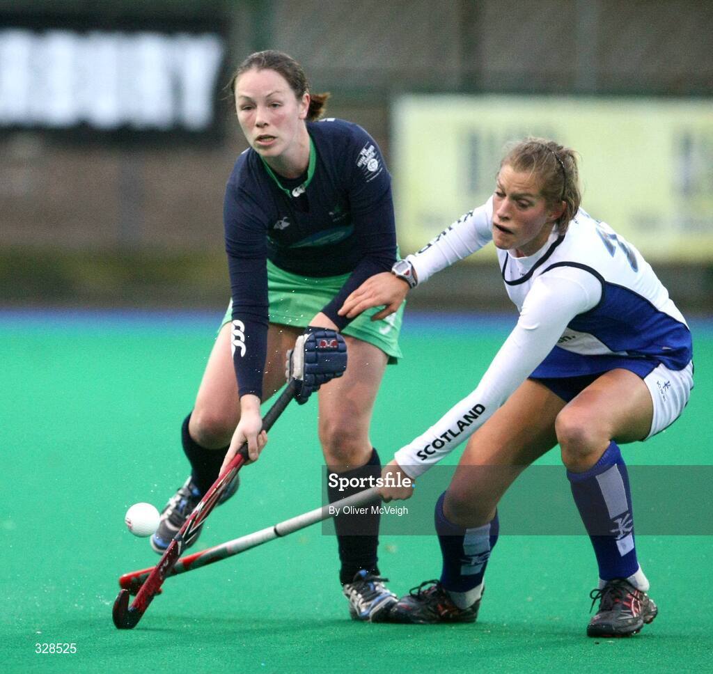 22 November 2008; Bridget McKeever, Ireland, in action against Katie MacKay, Scotland. Women's International, Ireland v Scotland, Banbridge Hockey Club, Banbridge, Co. Down. Picture credit: Oliver McVeigh / SPORTSFILE