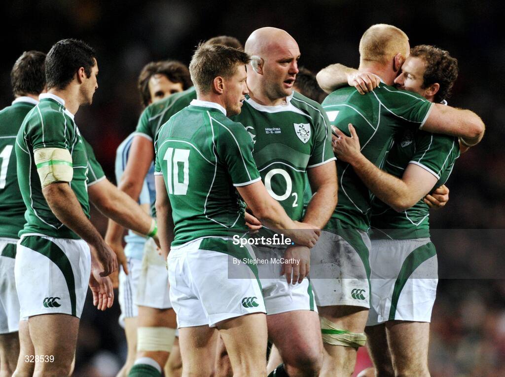 22 November 2008; Ireland players, from left, Rob Kearney, Ronan O'Gara, John Hayes, Paul O'Connell and Gerodan Murphy at the final whistle. Guinness Autumn Internationals, Ireland v Argentina, Croke Park, Dublin. Picture credit: Stephen McCarthy / SPORTSFILE