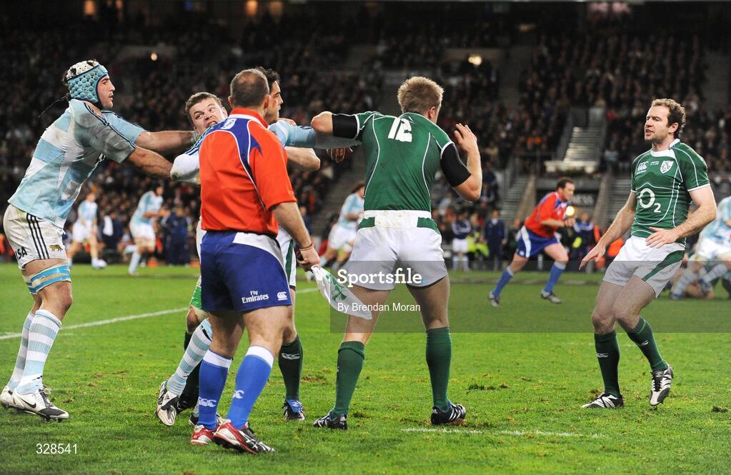 22 November 2008; Players from both sides clash late in the game. Guinness Autumn Internationals, Ireland v Argentina, Croke Park, Dublin. Picture credit: Brendan Moran / SPORTSFILE