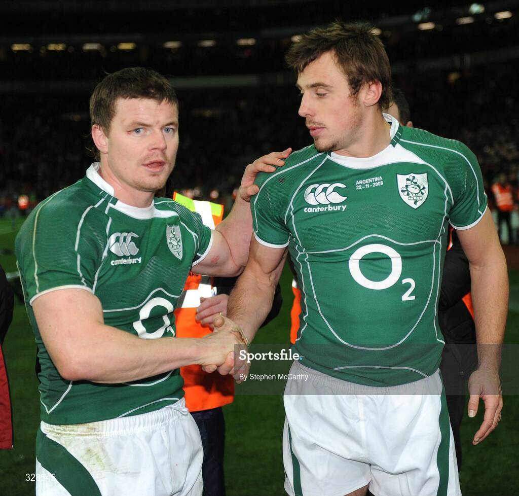 22 November 2008; Ireland captain Brian O'Driscoll, left, and try-scorer Tommy Bowe after the game. Guinness Autumn Internationals, Ireland v Argentina, Croke Park, Dublin. Picture credit: Stephen McCarthy / SPORTSFILE