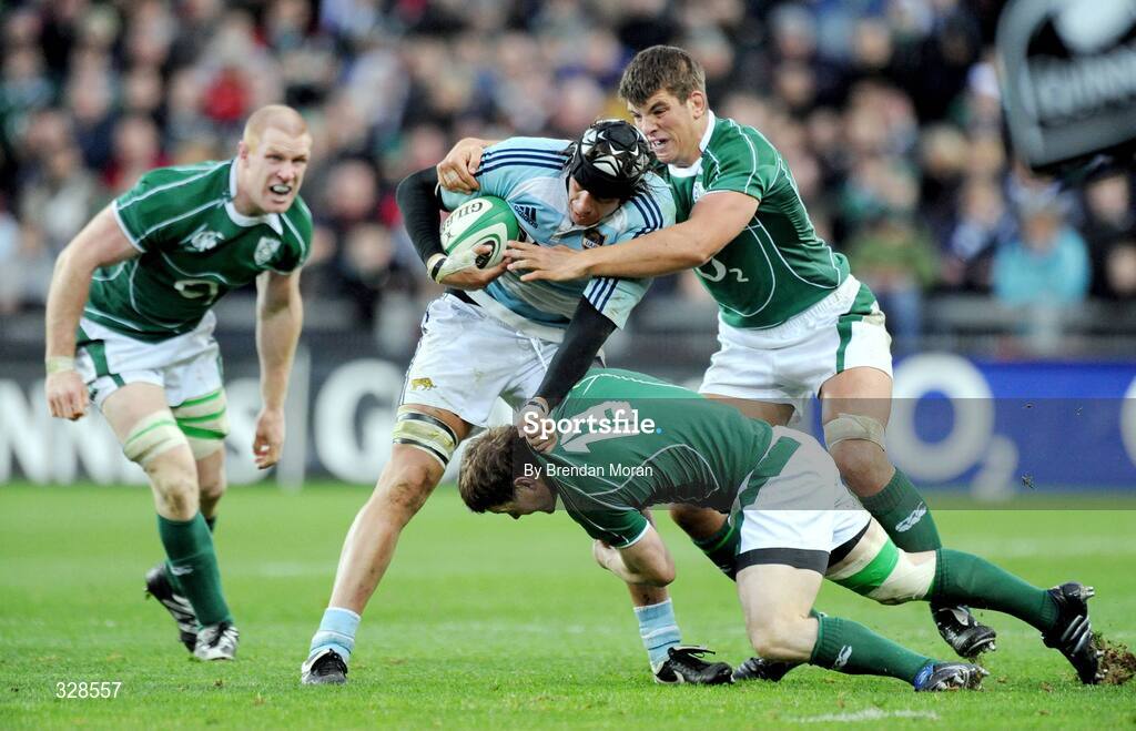 22 November 2008; Patricio Albacete, Argentina, is tackled by Brian O'Driscoll and Donncha O'Callaghan, Ireland. Guinness Autumn Internationals, Ireland v Argentina, Croke Park, Dublin. Picture credit: Brendan Moran / SPORTSFILE