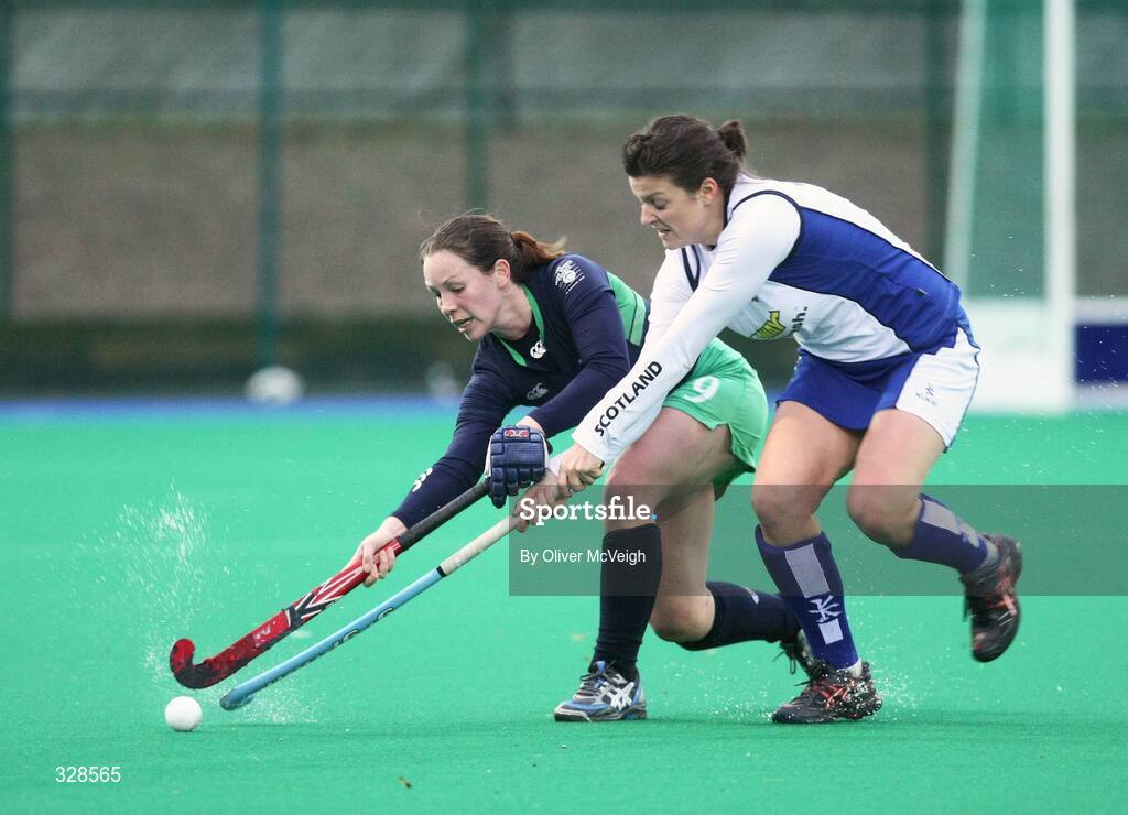 22 November 2008; Bridget McKeever, Ireland, in action against Holly Cram, Scotland. Women's International, Ireland v Scotland, Banbridge Hockey Club, Banbridge, Co. Down. Picture credit: Oliver McVeigh / SPORTSFILE