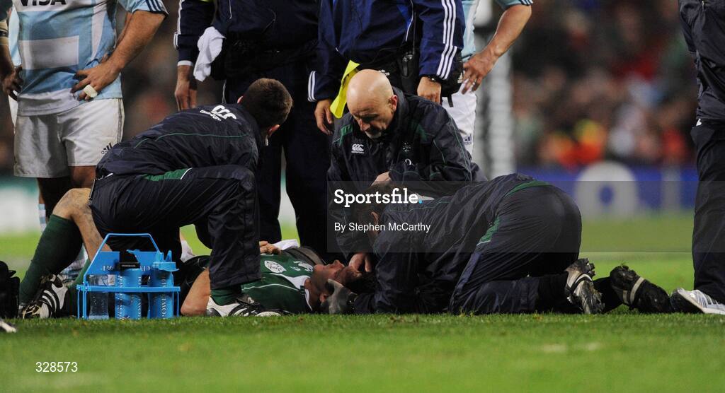 22 November 2008; David Wallace, Ireland, is attented to by medical staff after getting injured. Guinness Autumn Internationals, Ireland v Argentina, Croke Park, Dublin. Picture credit: Stephen McCarthy / SPORTSFILE