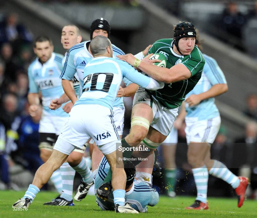 22 November 2008; Stephen Ferris, Ireland, is tackled by Marcos Ayerza and Santiago Fernandez, Argentina. Guinness Autumn Internationals, Ireland v Argentina, Croke Park, Dublin. Picture credit: Brendan Moran / SPORTSFILE