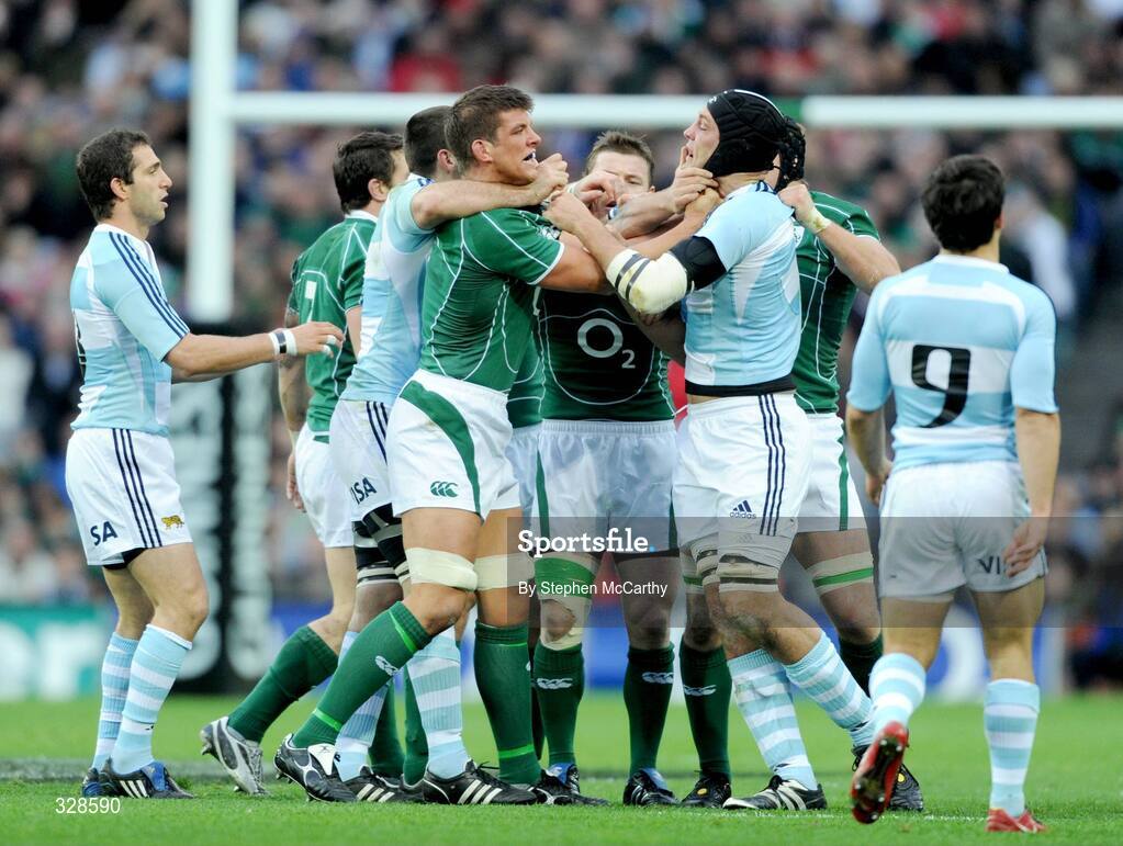 22 November 2008; Donncha O'Callaghan, Ireland, and Rimas Alvarez Kairelis, Argentina, tussle off the ball. Guinness Autumn Internationals, Ireland v Argentina, Croke Park, Dublin. Picture credit: Stephen McCarthy / SPORTSFILE