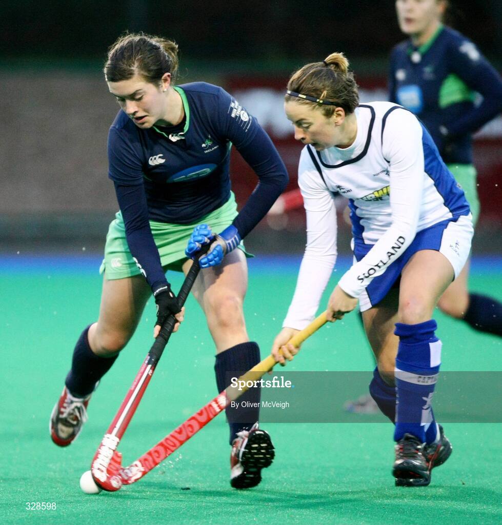 22 November 2008; Michelle Harvey, Ireland, in action against Linda Clement, Scotland. Women's International, Ireland v Scotland, Banbridge Hockey Club, Banbridge, Co. Down. Picture credit: Oliver McVeigh / SPORTSFILE