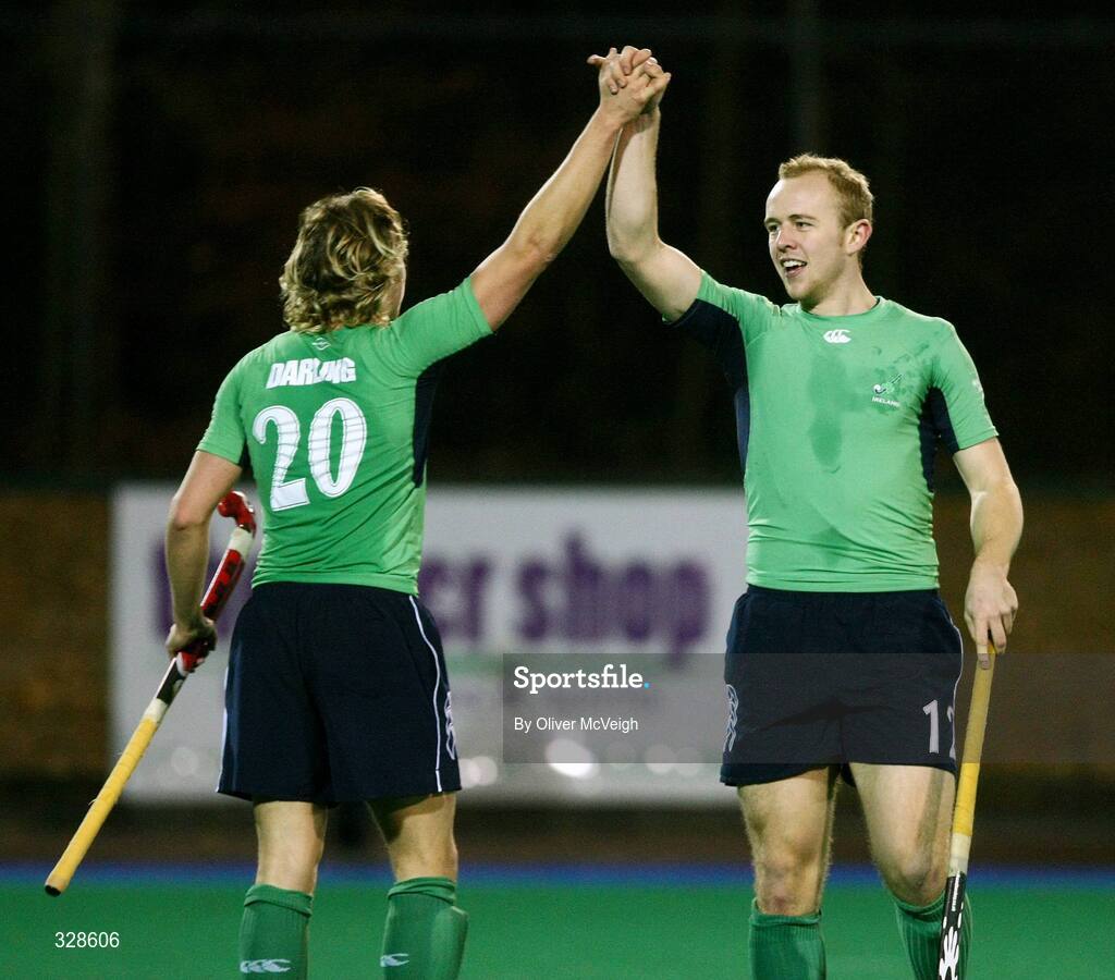 22 November 2008; Mitch Darling, Ireland, left, celebrates with Eugene Magee after scoring his side's fifth goal. Men's International, Ireland v Scotland, Banbridge Hockey Club, Banbridge, Co. Down. Picture credit: Oliver McVeigh / SPORTSFILE