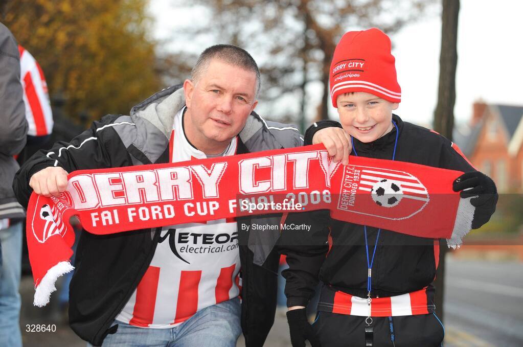 23 November 2008; Derry City supporters Willie McCallion and his son Conor, age 11, ahead of the game. Ford FAI Cup Final 2008, Bohemians v Derry City, RDS, Ballsbridge, Dublin. Picture credit: Stephen McCarthy / SPORTSFILE