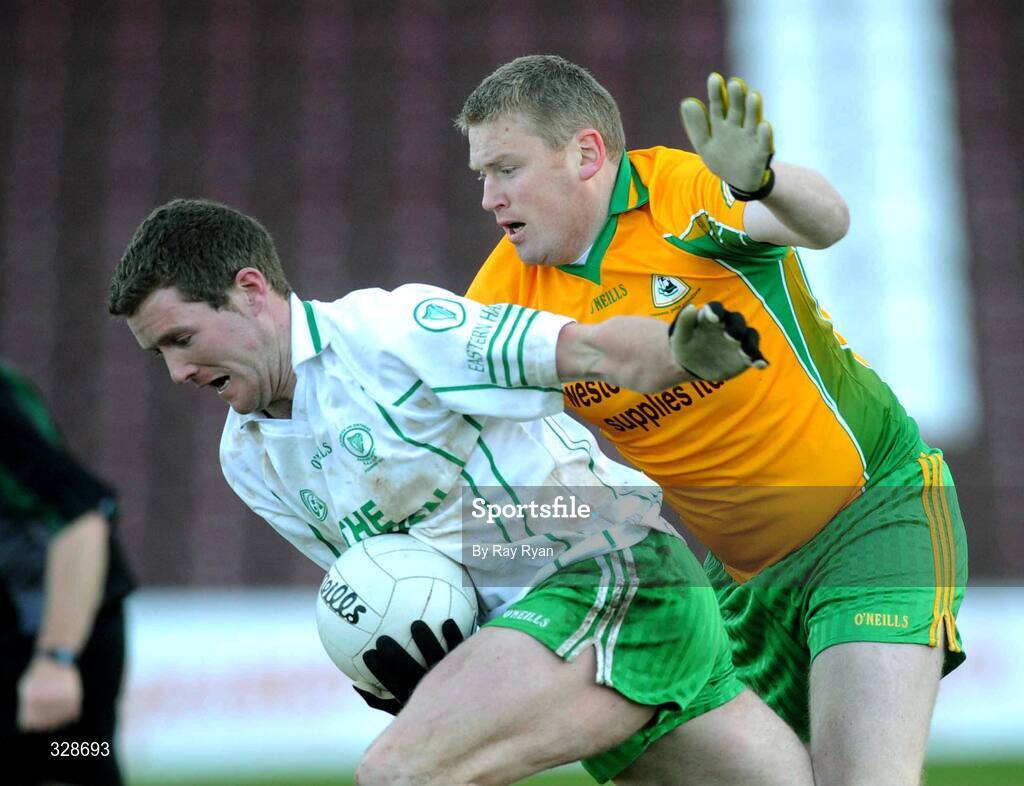 23 November 2008; Paddy Grady, Eastern Harps, in action against David Morris, Corofin. AIB Connacht Senior Club Football Championship Final, Corofin v Eastern Harps, Pearse Stadium, Galway. Picture credit: Ray Ryan / SPORTSFILE