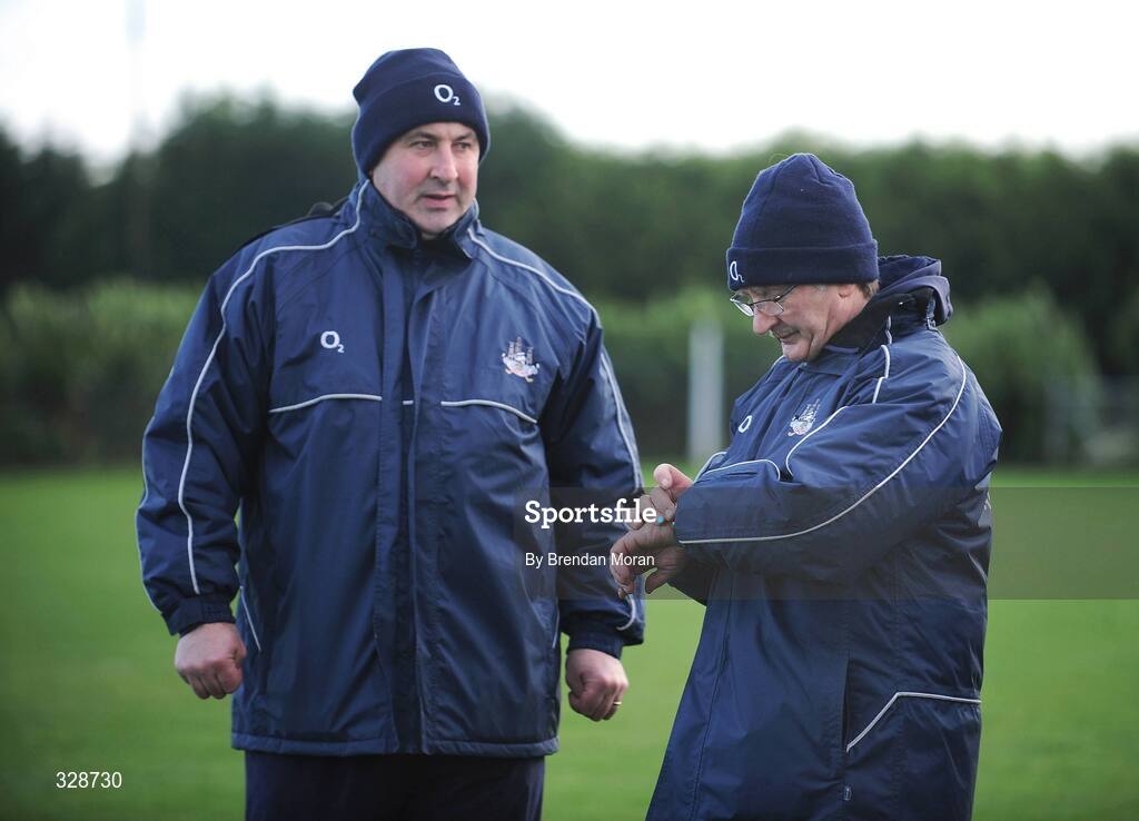 23 November 2008; Cork manager Gerald McCarthy checks the time on his watch in the company of selector Ger Fitzgerald. Match to celebrate 150th Anniversary of St Colman's College, St Colman's XV v Cork Selection XV, Fitzgerald Park, Fermoy, Co. Cork. Picture credit: Brendan Moran / SPORTSFILE
