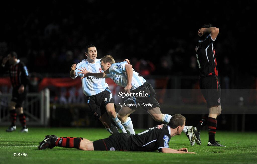23 November 2008; Sammy Morrow, right, Derry City, celebrates with team-mate Mark Farren after scoring his and his side's second goal as Bohemians players Liam Burns, left, watches on and Ken Oman looks away. Ford FAI Cup Final 2008, Bohemians v Derry City, RDS, Ballsbridge, Dublin. Picture credit: Stephen McCarthy / SPORTSFILE