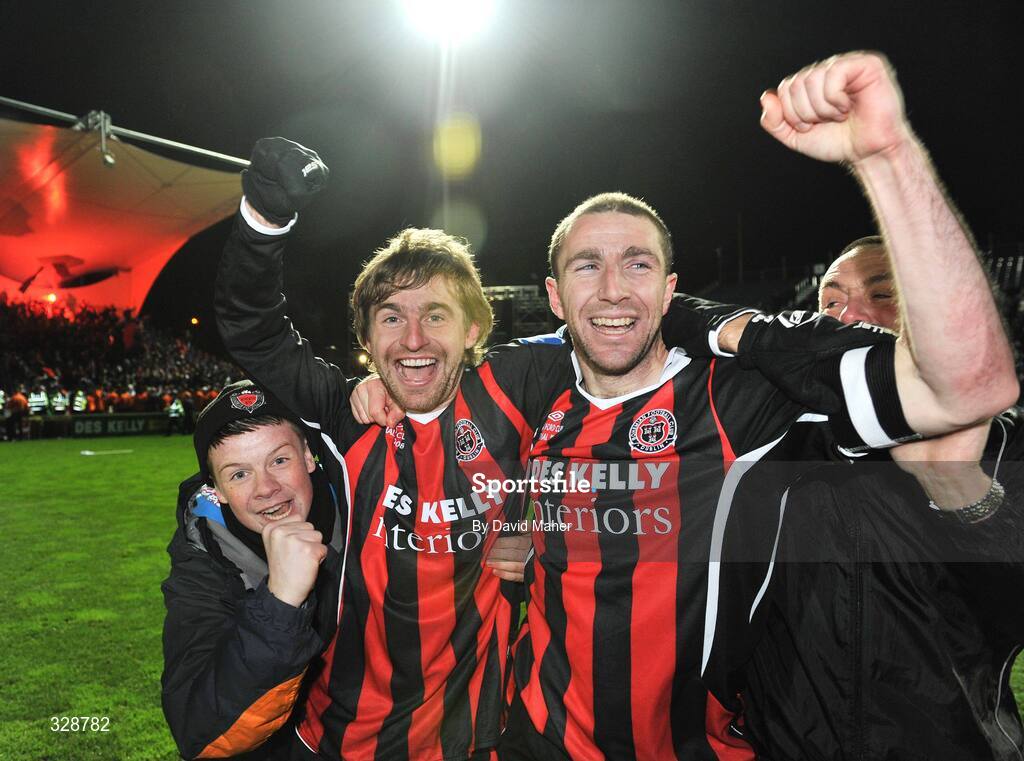 23 November 2008; Bohemians captain Owen Heary, right, celebrates at the end of the game with team-mate and winning goal scorer Mindugas Kalonas, after victory over Derry City. Ford FAI Cup Final 2008, Bohemians v Derry City, RDS, Ballsbridge, Dublin. Picture credit: David Maher / SPORTSFILE