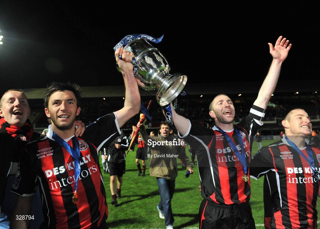 23 November 2008; Bohemians captain Owen Heary, right, celebrates at the end of the game with team-mate Killian Brennan after victory over Derry City. Ford FAI Cup Final 2008, Bohemians v Derry City, RDS, Ballsbridge, Dublin. Picture credit: David Maher / SPORTSFILE