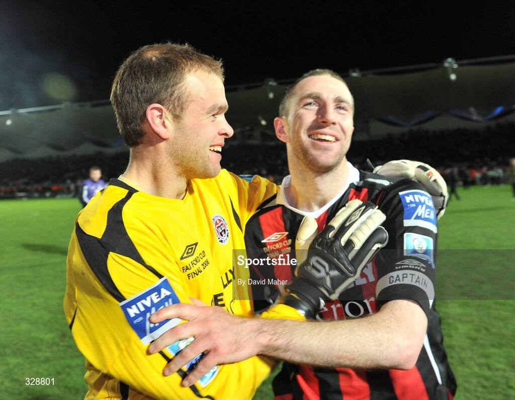23 November 2008; Bohemians captain Owen Heary, right, celebrates at the end of the game with goalkeeper Brian Murphy after victory over Derry City. Ford FAI Cup Final 2008, Bohemians v Derry City, RDS, Ballsbridge, Dublin. Picture credit: David Maher / SPORTSFILE