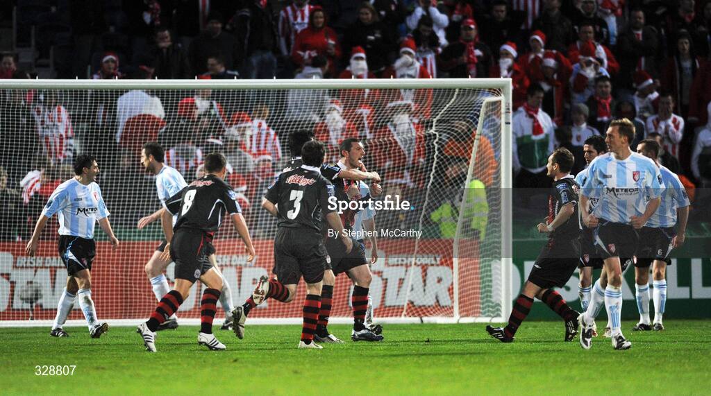 23 November 2008; Jason Bryne, Bohemians, is congratulated by team-mates after scoring his side's second goal from a penalty. Ford FAI Cup Final 2008, Bohemians v Derry City, RDS, Ballsbridge, Dublin. Picture credit: Stephen McCarthy / SPORTSFILE