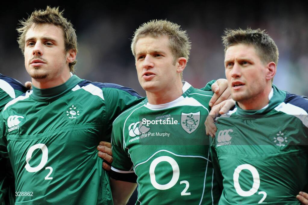 22 November 2008; Ireland's Tommy Bowe, Luke Fitzgerald and Ronan O'Gara during the national anthems. Guinness Autumn Internationals, Ireland v Argentina, Croke Park, Dublin. Picture credit: Pat Murphy / SPORTSFILE
