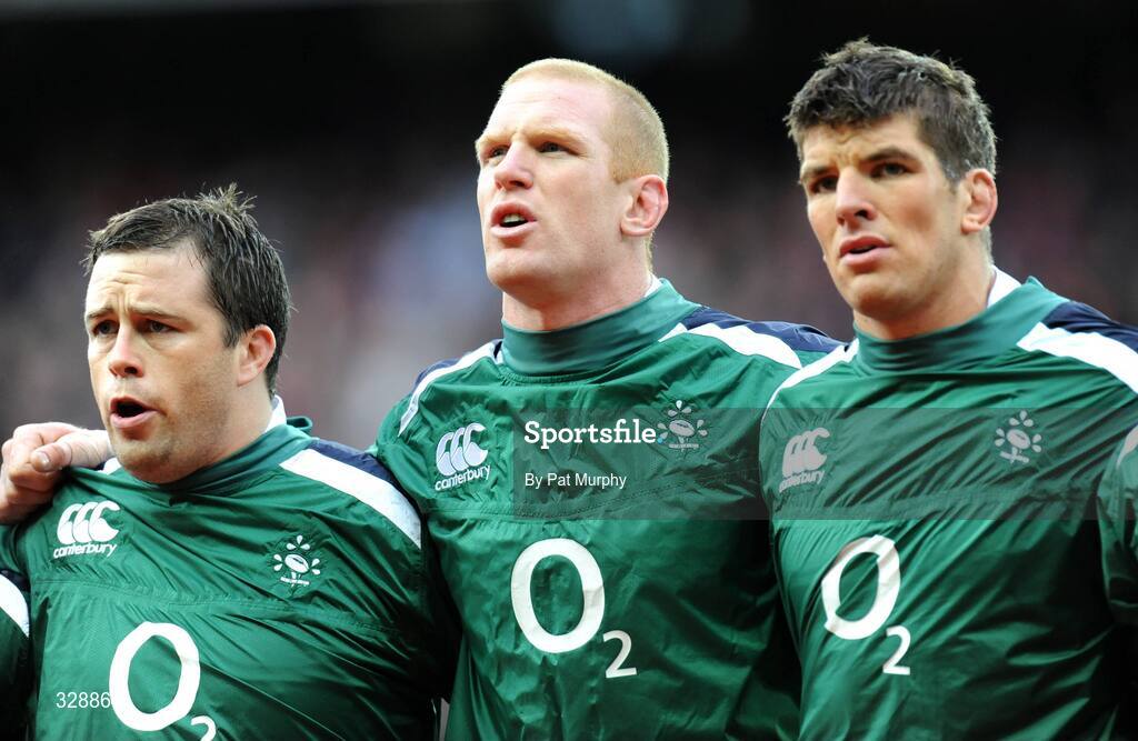 22 November 2008; Ireland's Marcus Horan, left, Paul O'Connell, centre, and Donncha O'Callaghan during the national anthems. Guinness Autumn Internationals, Ireland v Argentina, Croke Park, Dublin. Picture credit: Pat Murphy / SPORTSFILE