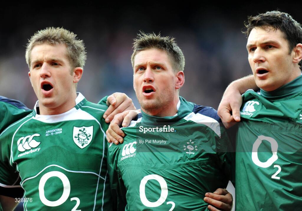 22 November 2008; Ireland's Luke Fitzgerald, left, Ronan O'Gara and David Wallace, right, during the national anthems. Guinness Autumn Internationals, Ireland v Argentina, Croke Park, Dublin. Picture credit: Pat Murphy / SPORTSFILE