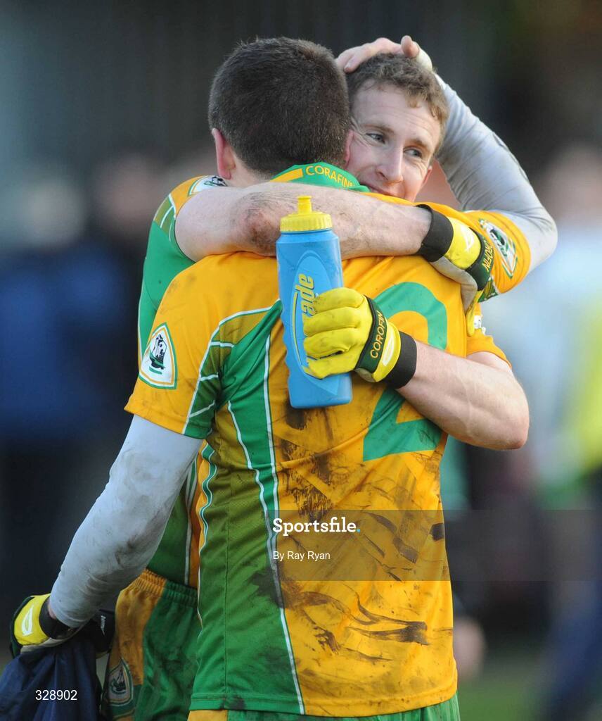 23 November 2008; Corofin's Gary Delaney and Gary Sice celebrate at the final whistle. AIB Connacht Senior Club Football Championship Final, Corofin v Eastern Harps, Pearse Stadium, Galway. Picture credit: Ray Ryan / SPORTSFILE