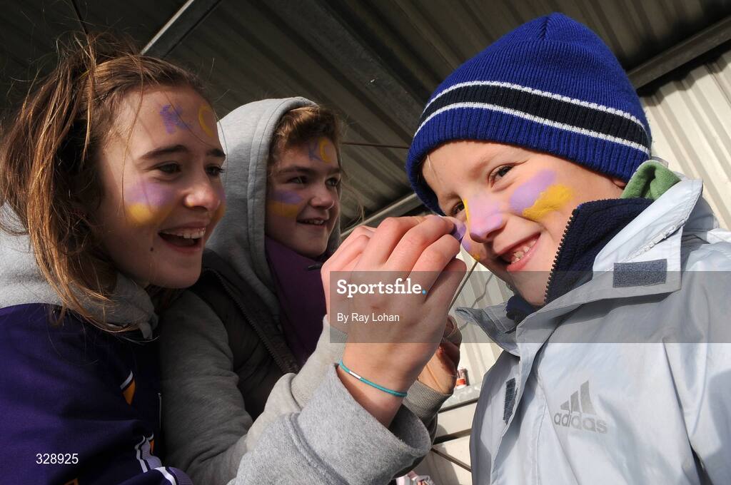23 November 2008; Kilmacud Crokes fan Brian Sheehy, age 7, has his face painted by Siofra Walsh and Jenny Freeley. AIB Leinster Senior Club Football Championship Semi-Final, Kilmacud Crokes v Navan O'Mahony's, Parnell Park, Dublin. Picture credit: Ray Lohan / SPORTSFILE *** Local Caption ***