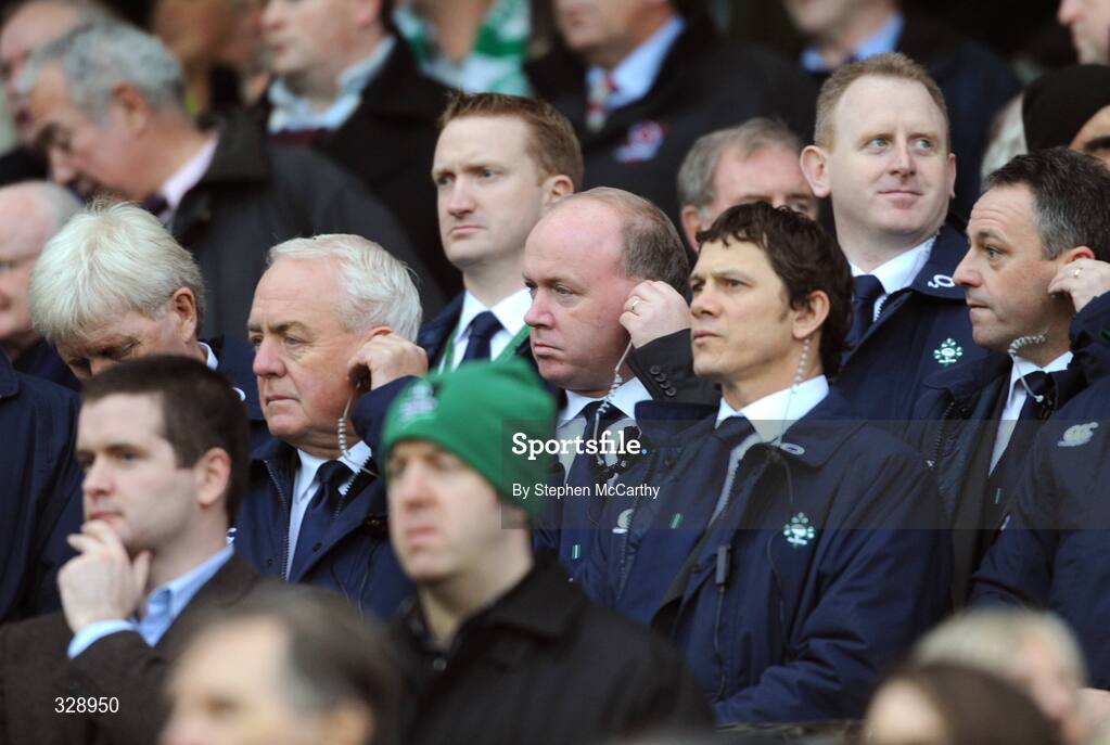 22 November 2008; Members of the the Ireland backroom team, from left, Alan Gaffney, backs coach, Karl Richardson, communications manager, Declan Kidney, head coach, Les Kiss, defence coach, Gerard Carmody, team services manager, and Mark Tainton, kicking coach, ahead of the game. Guinness Autumn Internationals, Ireland v Argentina, Croke Park, Dublin. Picture credit: Stephen McCarthy / SPORTSFILE