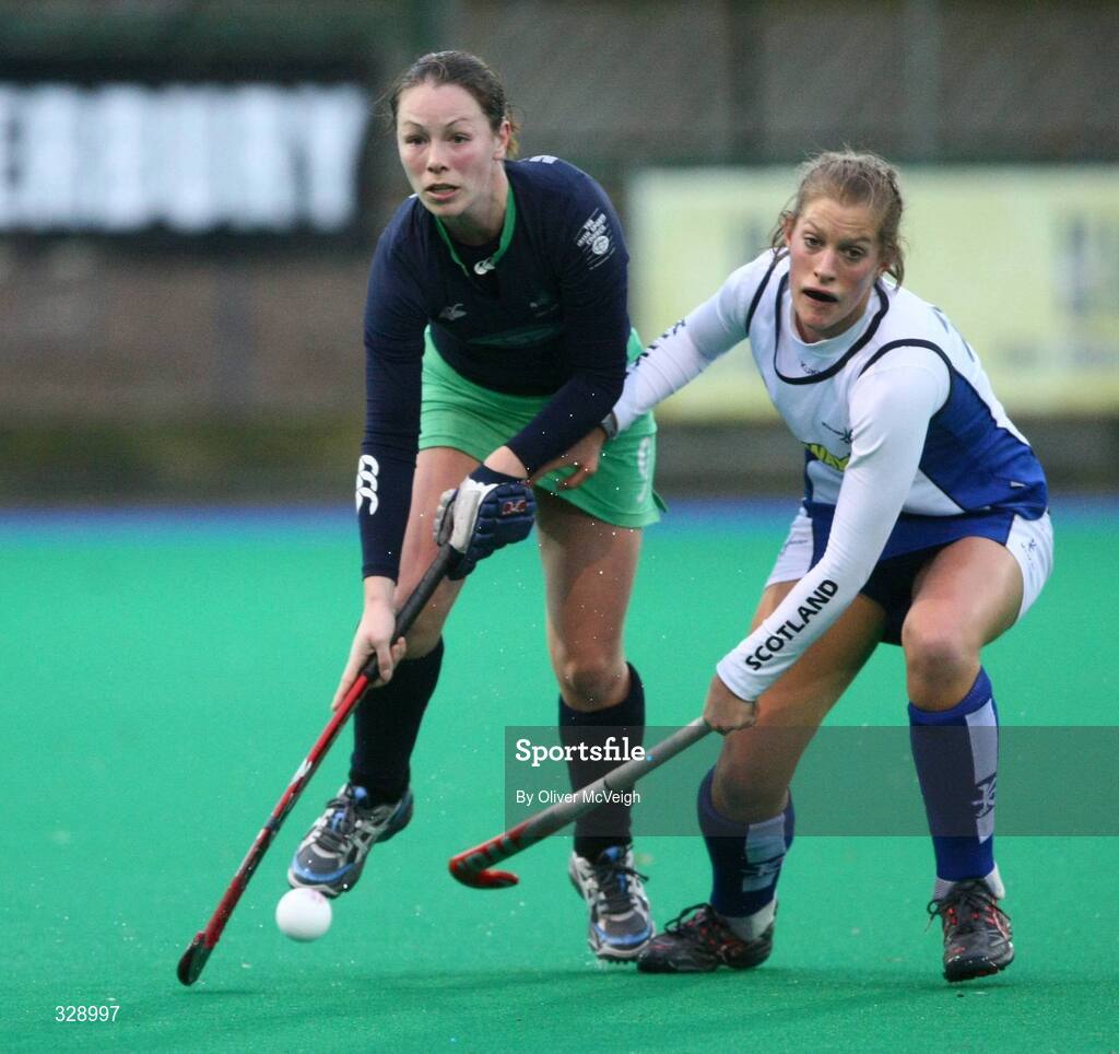 22 November 2008; Bridget McKeever, Ireland, in action against Katie MacKay, Scotland. Women's International, Ireland v Scotland, Banbridge Hockey Club, Banbridge, Co. Down. Picture credit: Oliver McVeigh / SPORTSFILE