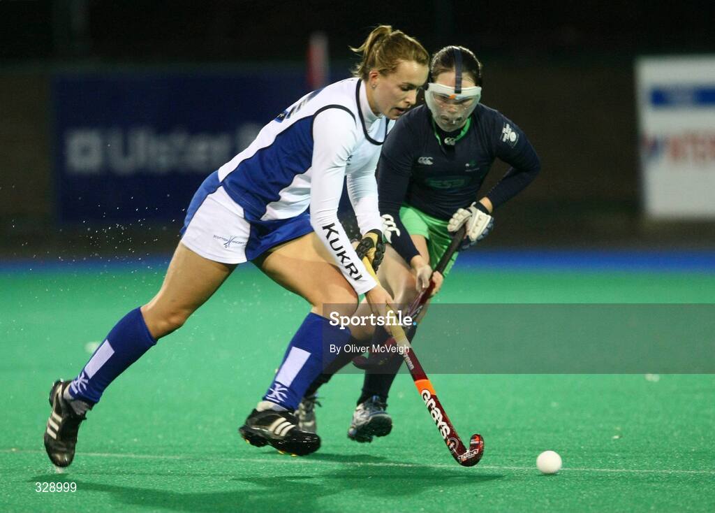 22 November 2008; Laura Bartlett, Scotland, in action against Bridget McKeever, Ireland. Women's International, Ireland v Scotland, Banbridge Hockey Club, Banbridge, Co. Down. Picture credit: Oliver McVeigh / SPORTSFILE
