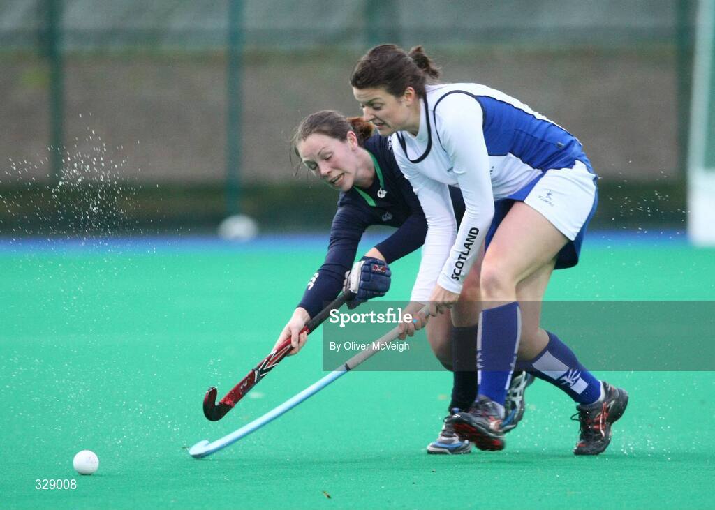 22 November 2008; Holly Cram, Scotland, in action against Bridget McKeever, Ireland. Women's International, Ireland v Scotland, Banbridge Hockey Club, Banbridge, Co. Down. Picture credit: Oliver McVeigh / SPORTSFILE