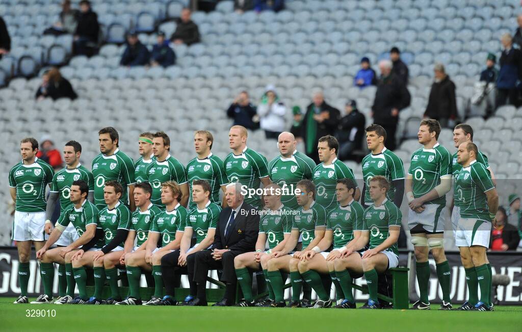 22 November 2008; The Ireland squad, in the company of IRFU President John Lyons, sit for the team photograph before the game. Guinness Autumn Internationals, Ireland v Argentina, Croke Park, Dublin. Picture credit: Brendan Moran / SPORTSFILE