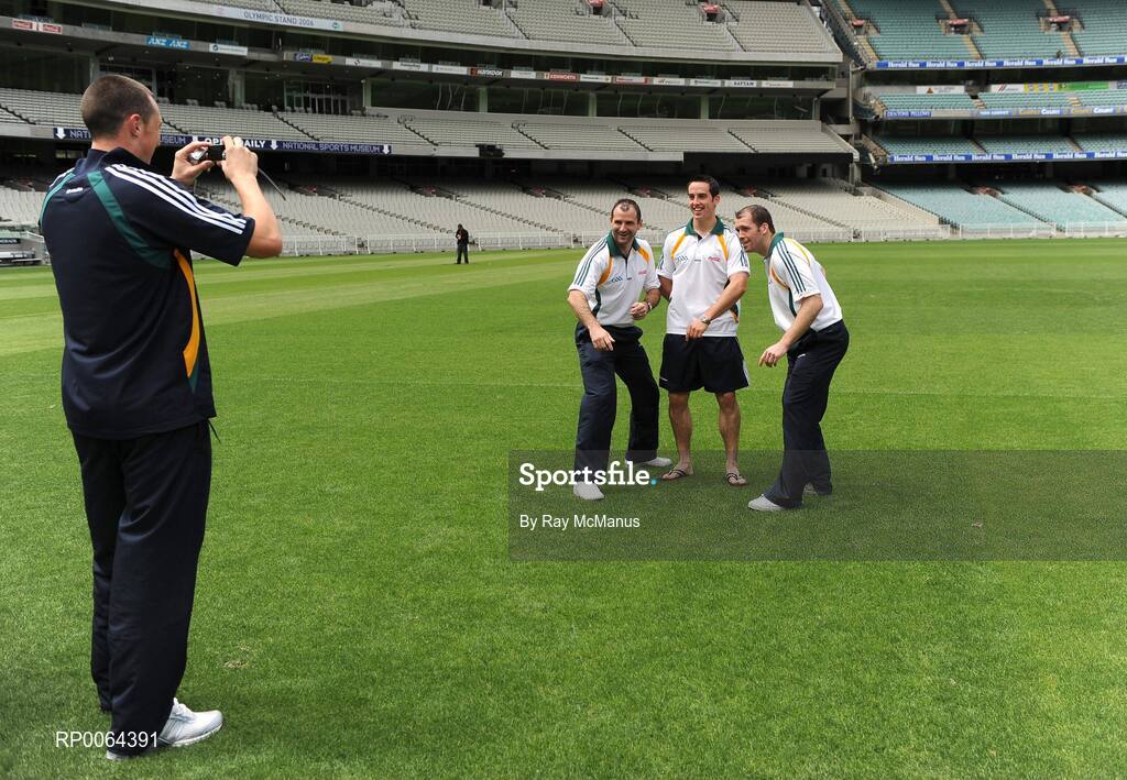 28 October 2008; Kieran Donaghy, Kerry, takes a picture of Steven McDonnell, Armagh, left, Aaron Kernan, Armagh, and Kieran McKeever, Armagh, after an Ireland International Rules training session. 2008 International Rules tour, Melbourne Cricket Ground, Melbourne, Auatralia. Picture credit: Ray McManus / SPORTSFILE